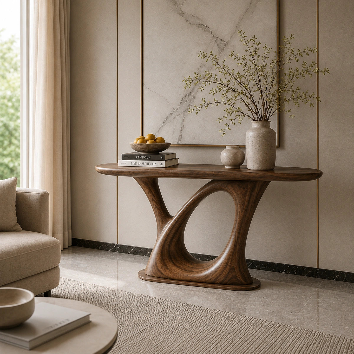 Console Table with Sculptural Loop Base in Natural Solid Wood for Entryways - Woodenecho - 1