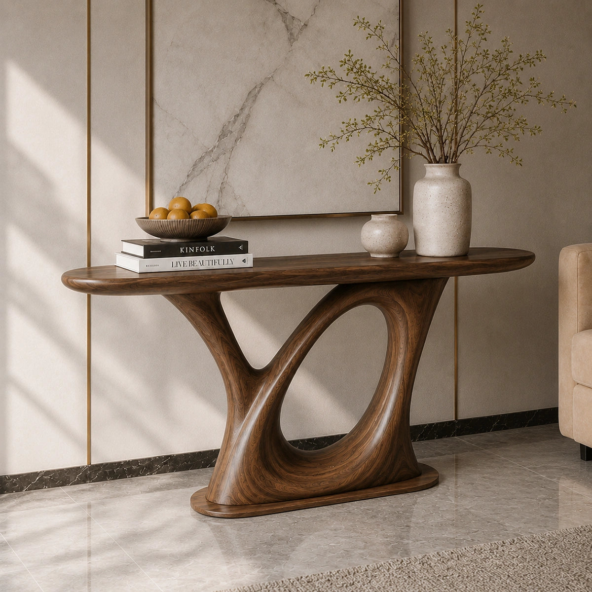 Console Table with Sculptural Loop Base in Natural Solid Wood for Entryways - Woodenecho - 2