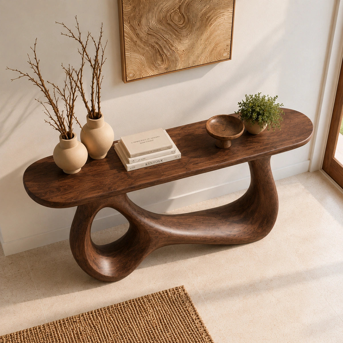 Console Table with Sculptural Loop Base in Natural Solid Wood for Entryways - Woodenecho - 3