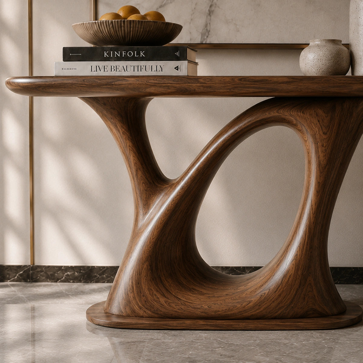 Console Table with Sculptural Loop Base in Natural Solid Wood for Entryways - Woodenecho - 3