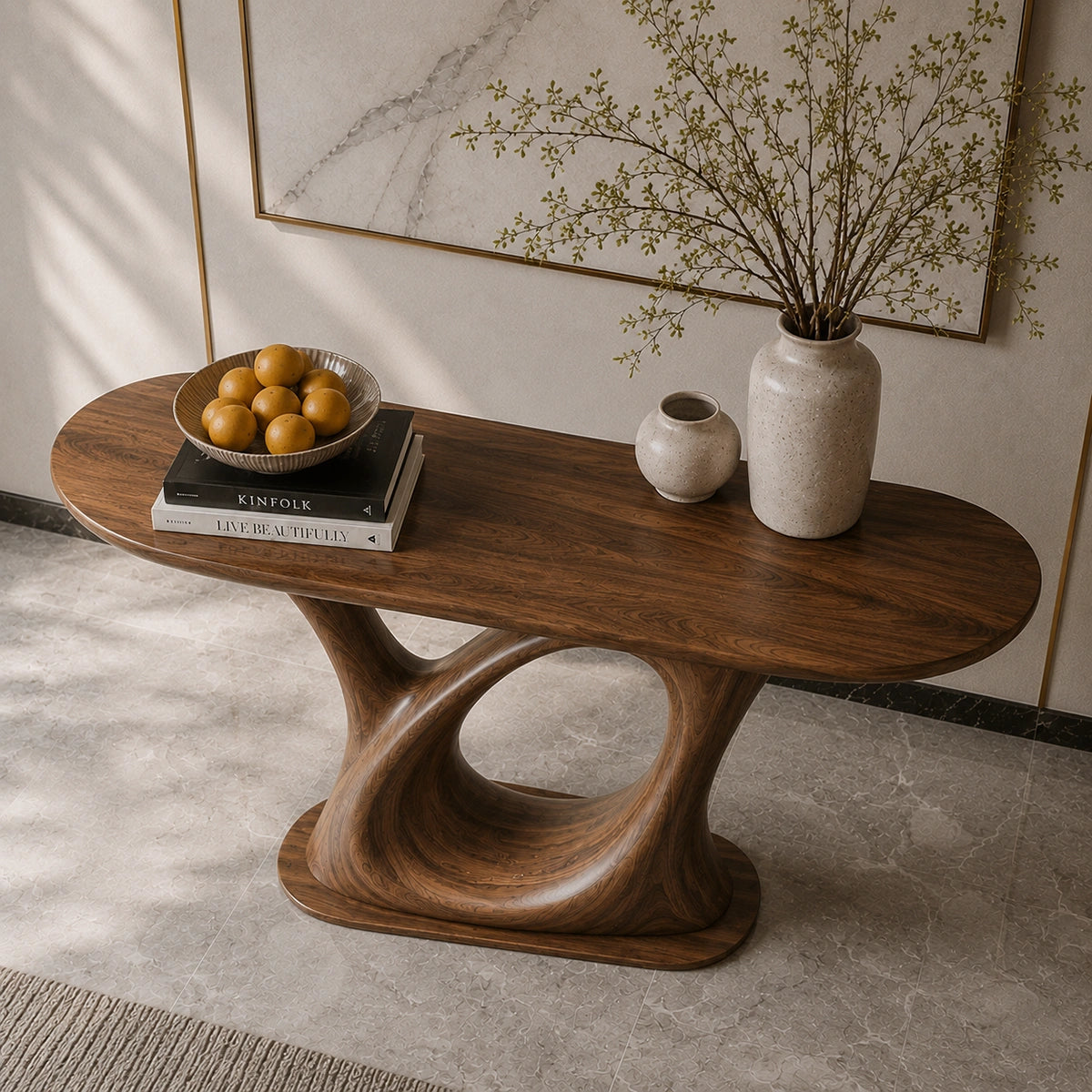 Console Table with Sculptural Loop Base in Natural Solid Wood for Entryways - Woodenecho - 4
