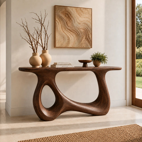 Console Table with Sculptural Loop Base in Natural Solid Wood for Entryways - Woodenecho - 5