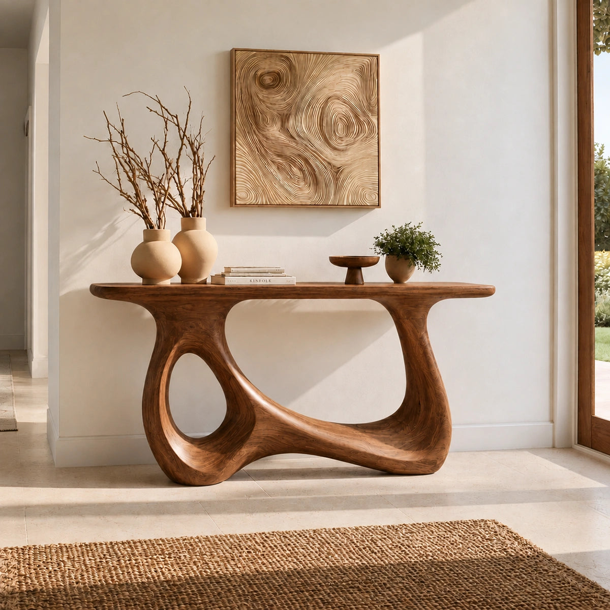 Console Table with Sculptural Loop Base in Natural Solid Wood for Entryways - Woodenecho - 6