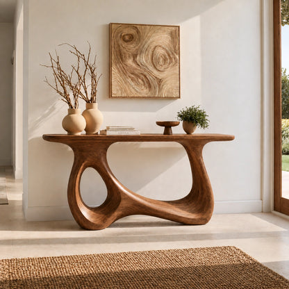 Console Table with Sculptural Loop Base in Natural Solid Wood for Entryways - Woodenecho - 6
