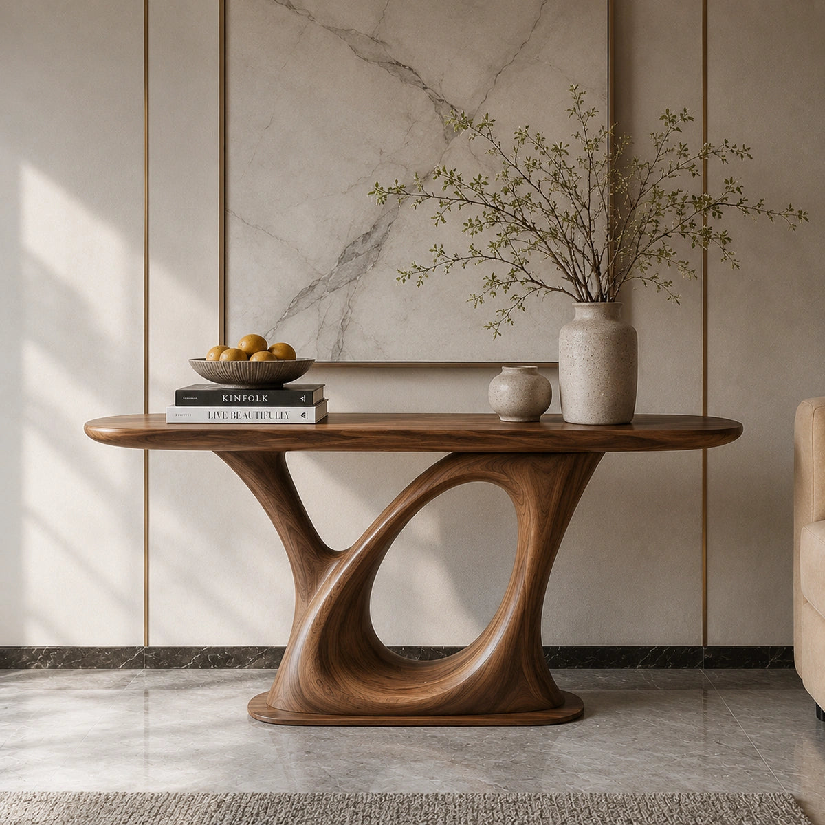 Console Table with Sculptural Loop Base in Natural Solid Wood for Entryways - Woodenecho - 6