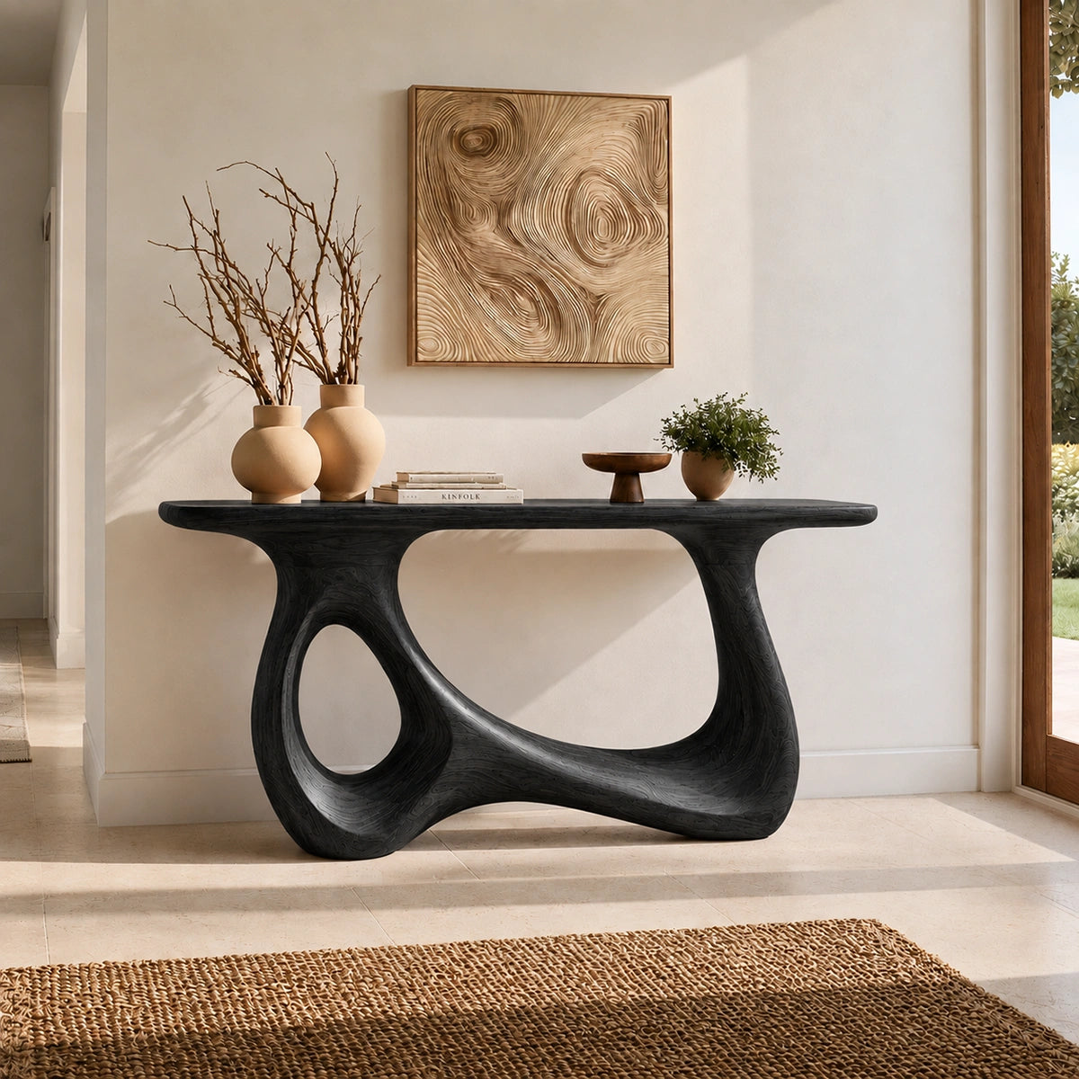 Console Table with Sculptural Loop Base in Natural Solid Wood for Entryways - Woodenecho - 7