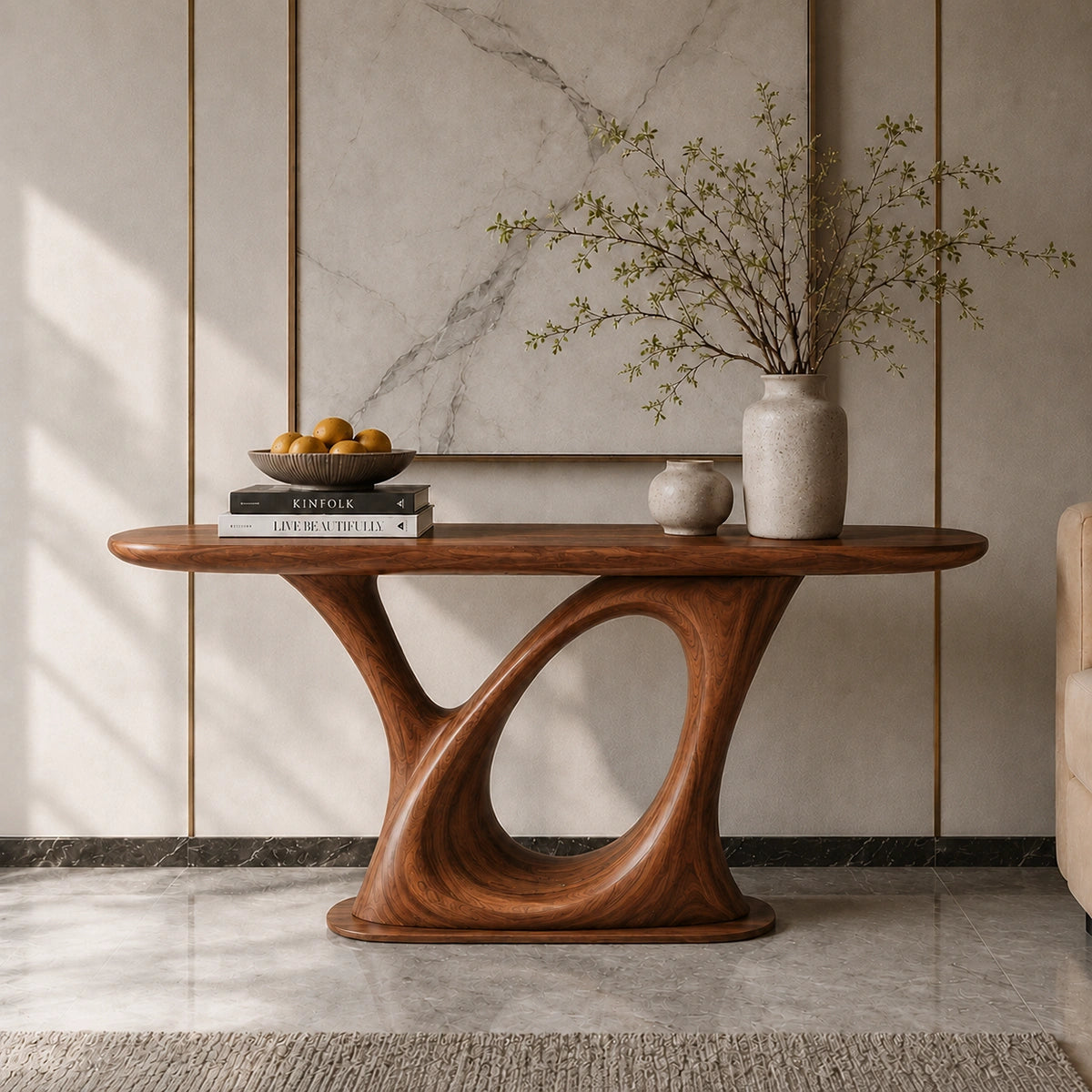 Console Table with Sculptural Loop Base in Natural Solid Wood for Entryways - Woodenecho - 7
