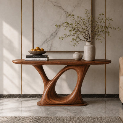 Console Table with Sculptural Loop Base in Natural Solid Wood for Entryways - Woodenecho - 7