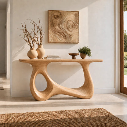 Console Table with Sculptural Loop Base in Natural Solid Wood for Entryways - Woodenecho - 8