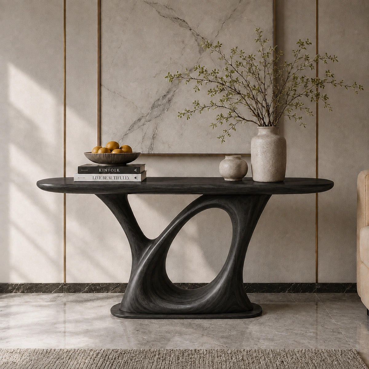 Console Table with Sculptural Loop Base in Natural Solid Wood for Entryways - Woodenecho - 8
