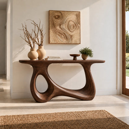 Console Table with Sculptural Loop Base in Natural Solid Wood for Entryways - Woodenecho - 9