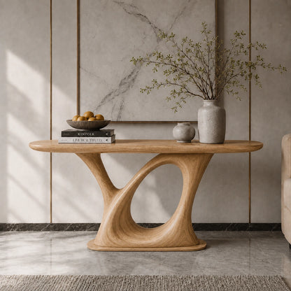 Console Table with Sculptural Loop Base in Natural Solid Wood for Entryways - Woodenecho - 9