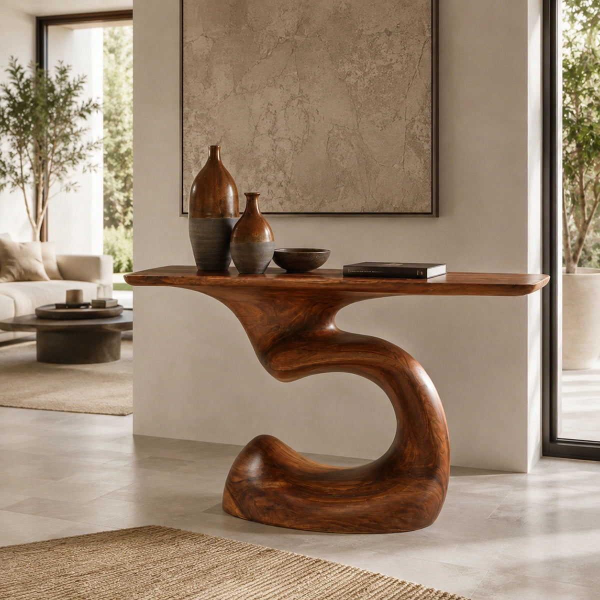 Console Table with Sculptural S-Curve Base in Natural Solid Woods - Woodenecho - 1