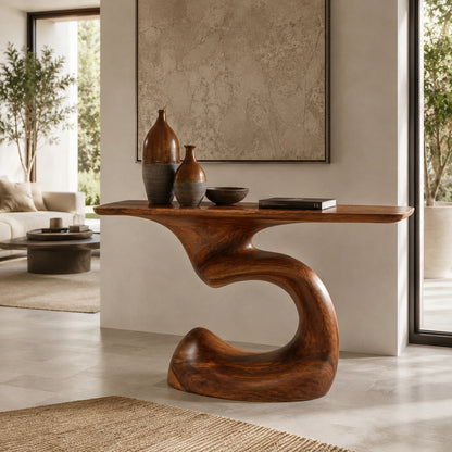 Console Table with Sculptural S-Curve Base in Natural Solid Woods - Woodenecho - 1