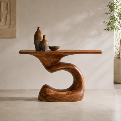 Console Table with Sculptural S-Curve Base in Natural Solid Woods - Woodenecho - 2