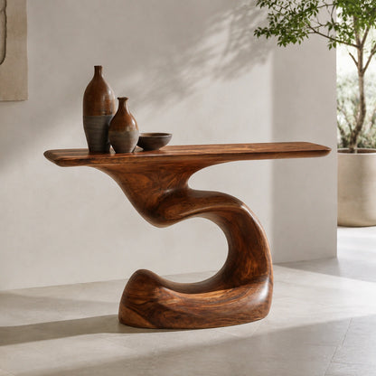 Console Table with Sculptural S-Curve Base in Natural Solid Woods - Woodenecho - 6