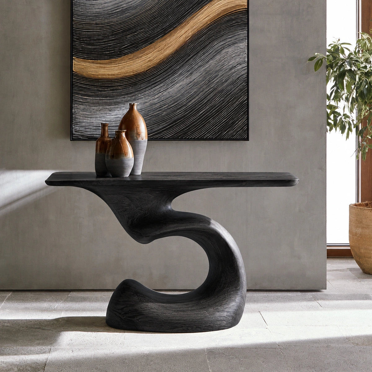 Console Table with Sculptural S-Curve Base in Natural Solid Woods - Woodenecho - 7