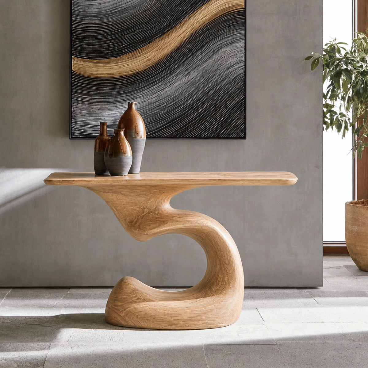 Console Table with Sculptural S-Curve Base in Natural Solid Woods - Woodenecho - 8