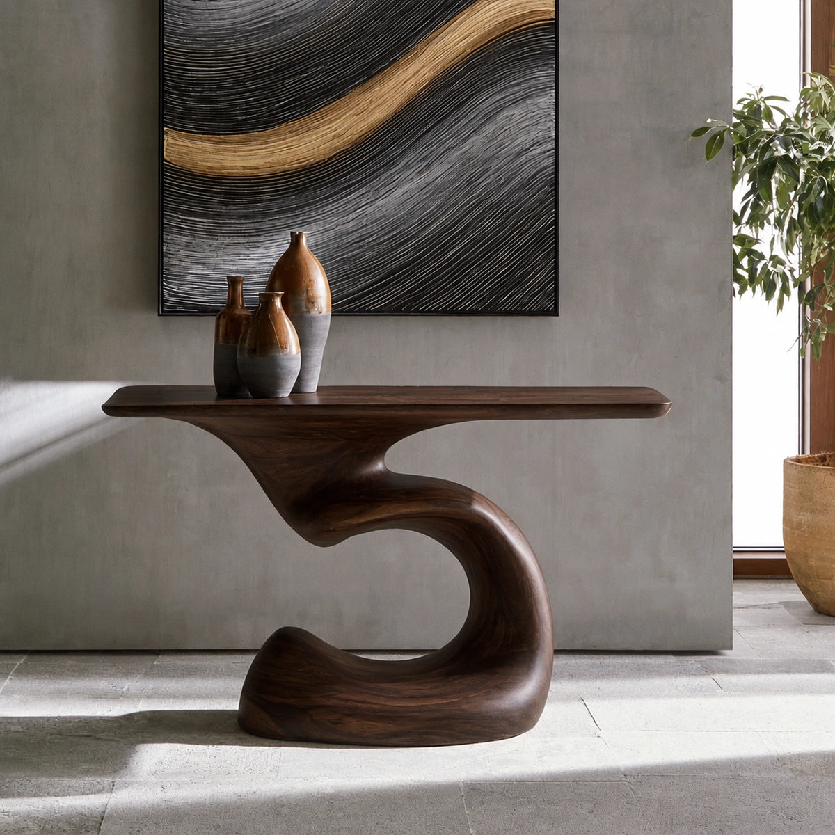 Console Table with Sculptural S-Curve Base in Natural Solid Woods - Woodenecho - 9