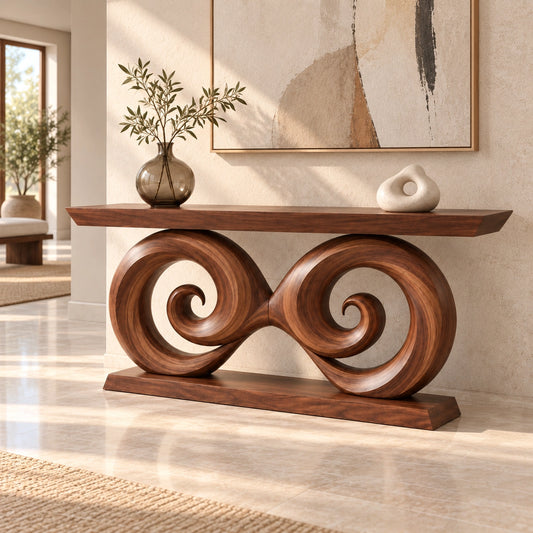 Console Table with Sculptural Spiral Legs in Natural Solid Wood Design - Woodenecho - 1
