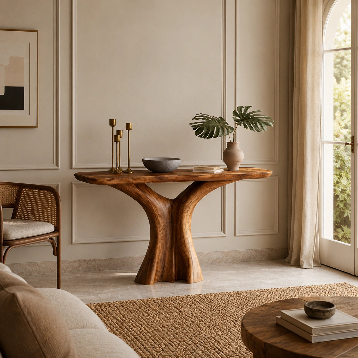 Console Table with Sculptural Twist Base in Natural Solid Wood for Entryways - Woodenecho - 1