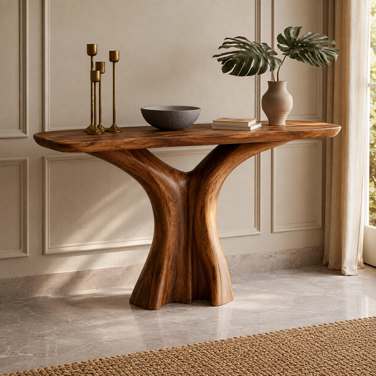 Console Table with Sculptural Twist Base in Natural Solid Wood for Entryways - Woodenecho - 2