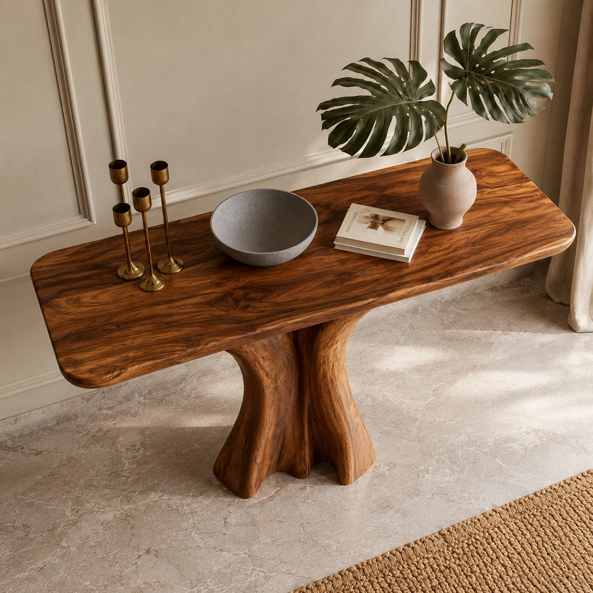 Console Table with Sculptural Twist Base in Natural Solid Wood for Entryways - Woodenecho - 3