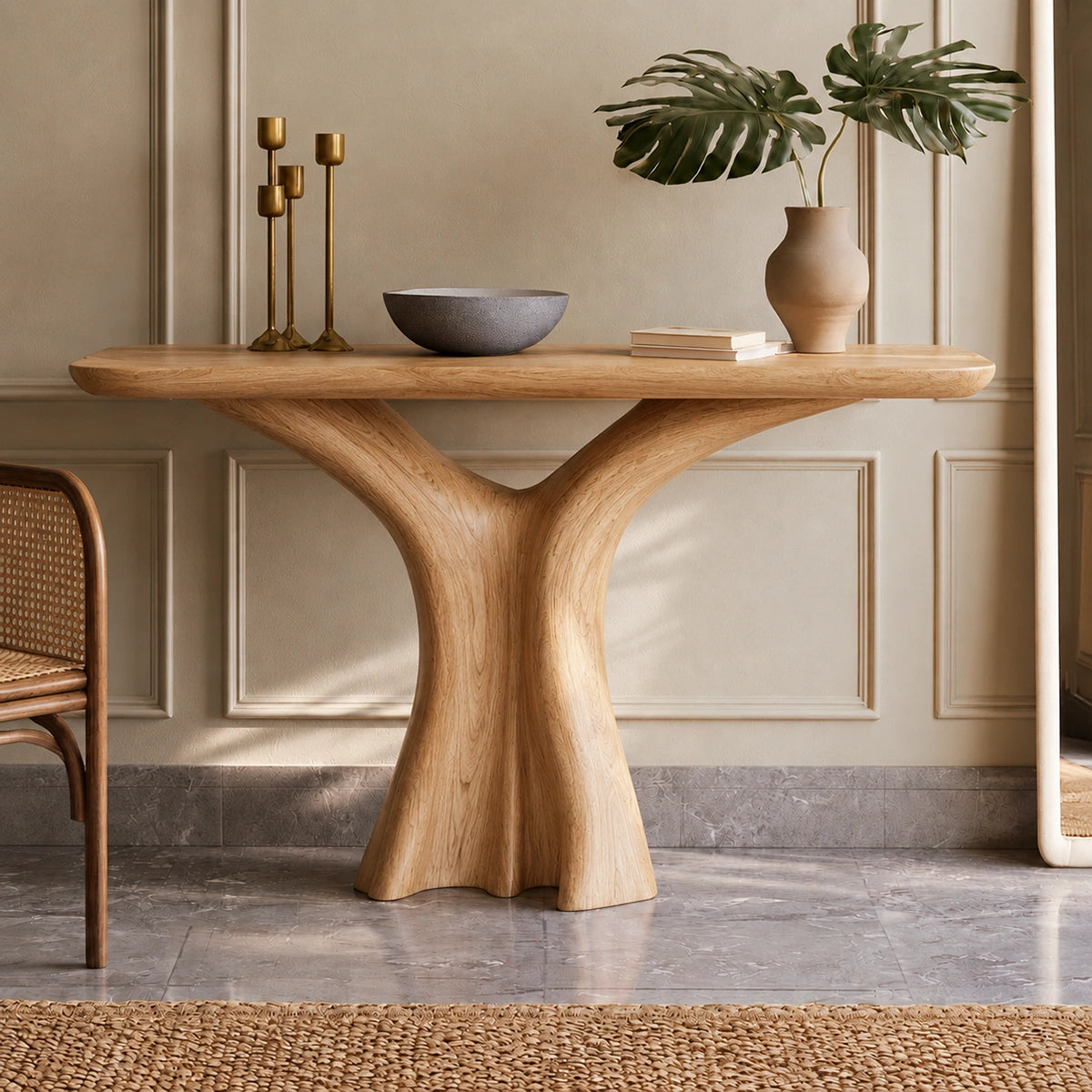 Console Table with Sculptural Twist Base in Natural Solid Wood for Entryways - Woodenecho - 8