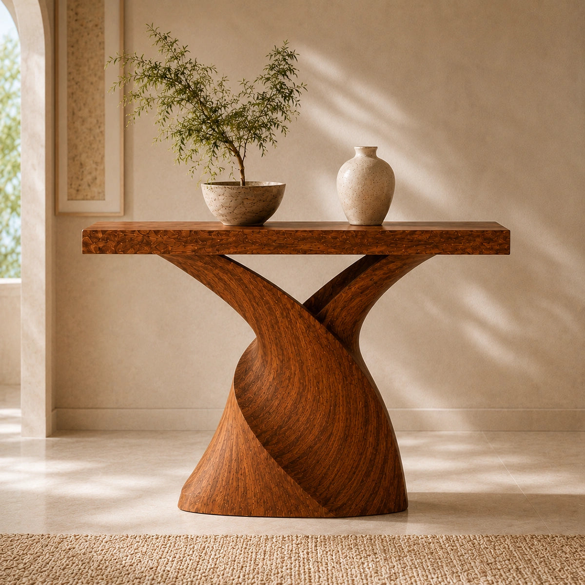Console Table with Sculptural Twisted Base in Natural Solid Woods - Woodenecho - 2
