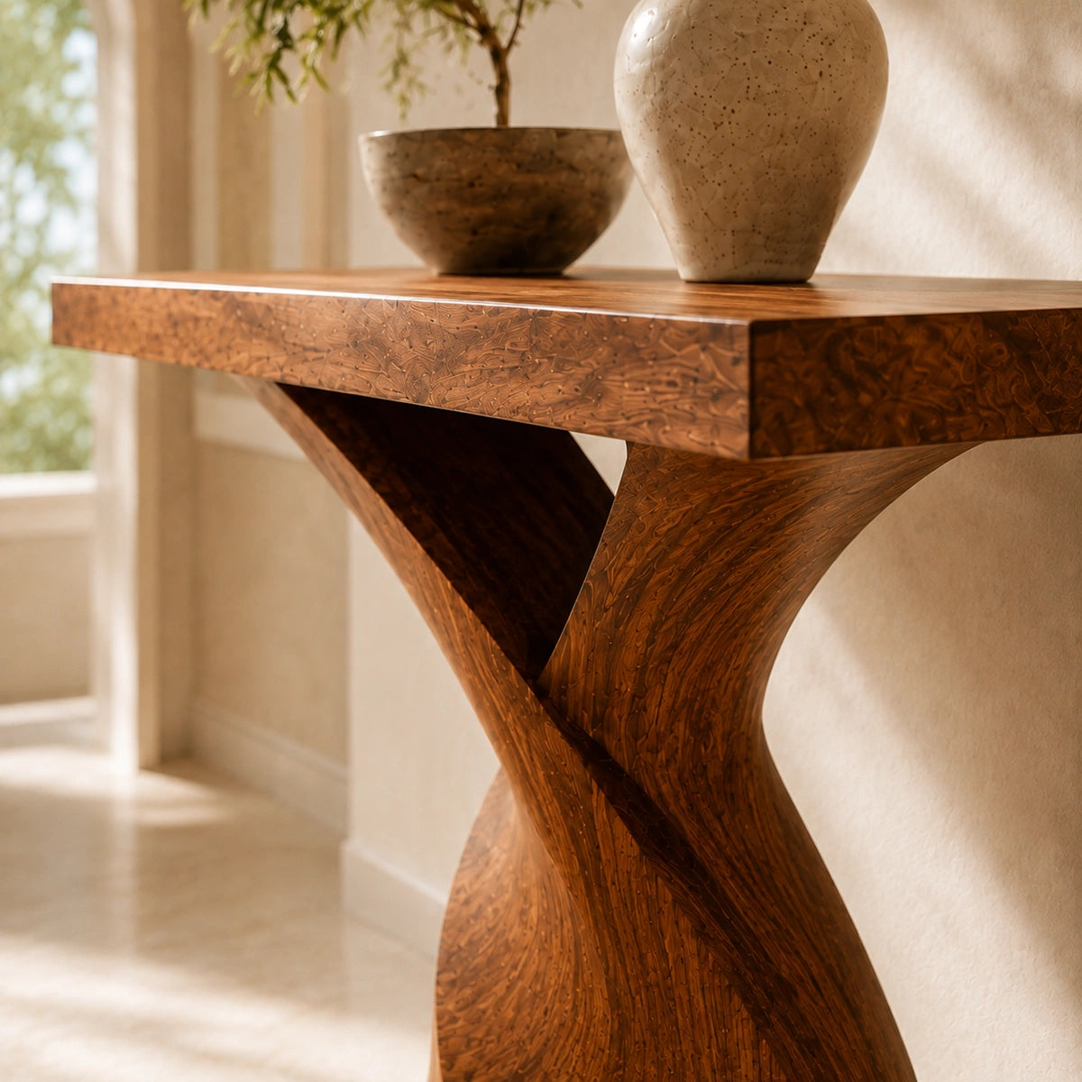 Console Table with Sculptural Twisted Base in Natural Solid Woods - Woodenecho - 3