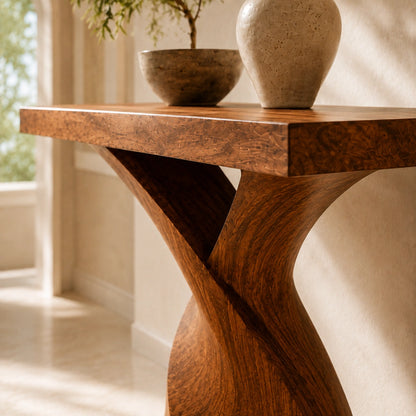 Console Table with Sculptural Twisted Base in Natural Solid Woods - Woodenecho - 3