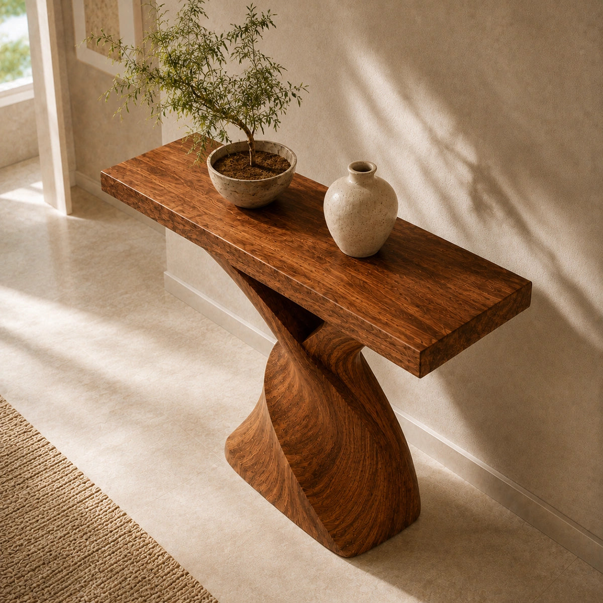 Console Table with Sculptural Twisted Base in Natural Solid Woods - Woodenecho - 4