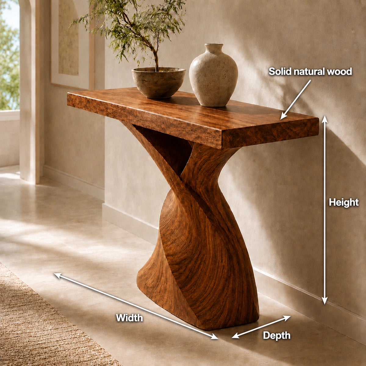Console Table with Sculptural Twisted Base in Natural Solid Woods - Woodenecho - 5