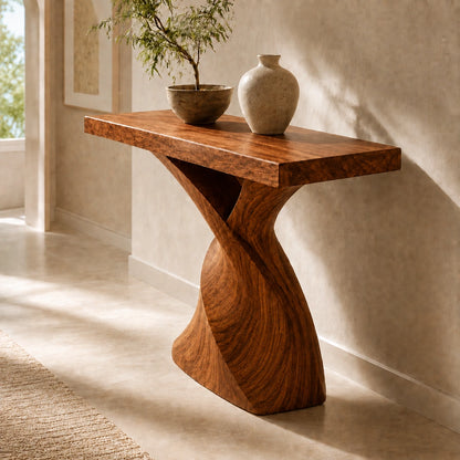 Console Table with Sculptural Twisted Base in Natural Solid Woods - Woodenecho - 6