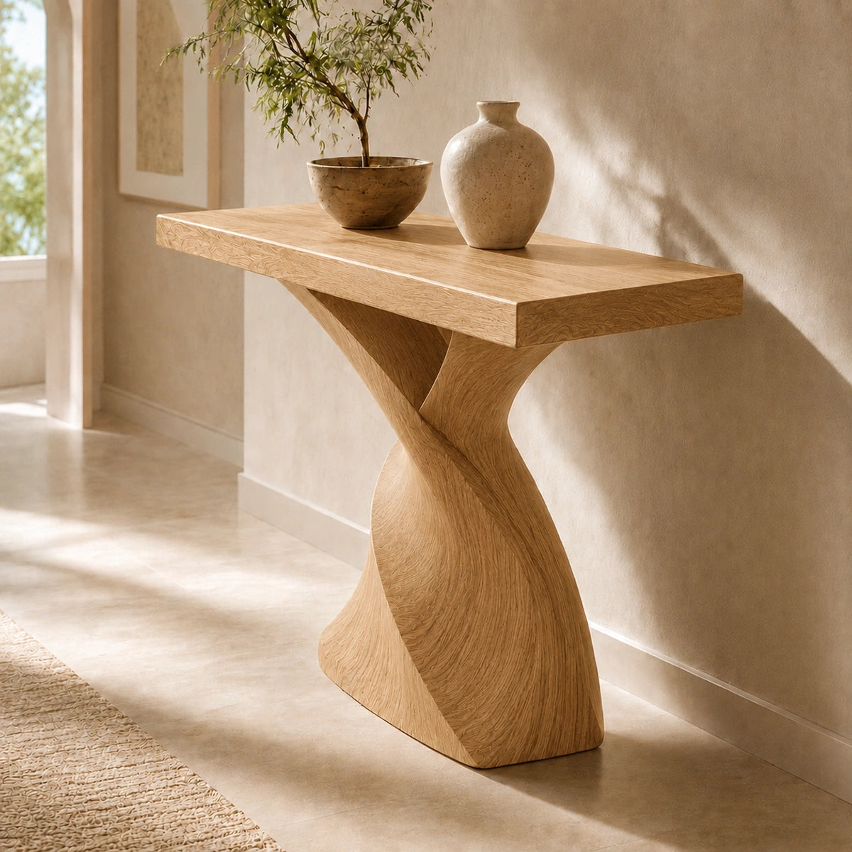 Console Table with Sculptural Twisted Base in Natural Solid Woods - Woodenecho - 8
