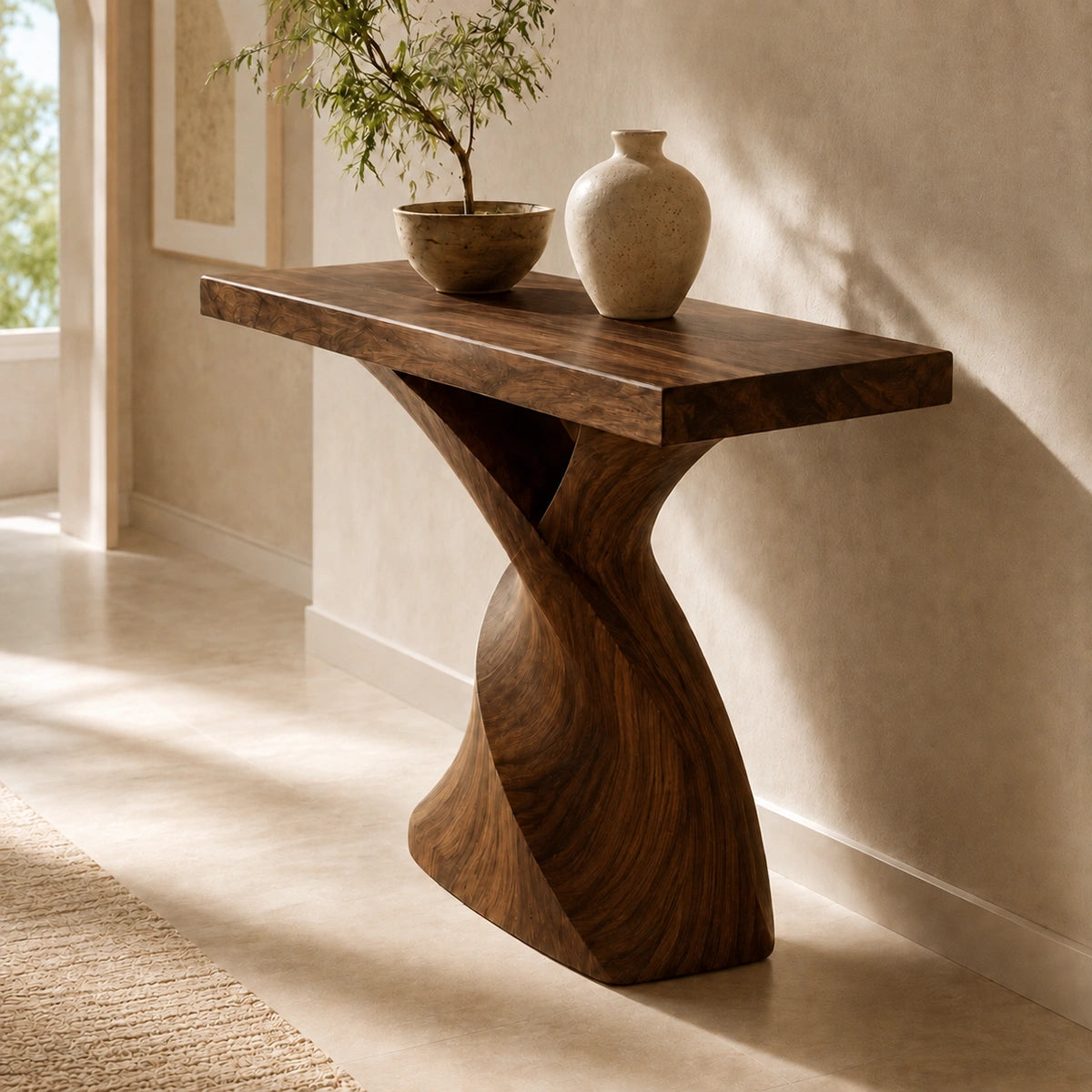 Console Table with Sculptural Twisted Base in Natural Solid Woods - Woodenecho - 9