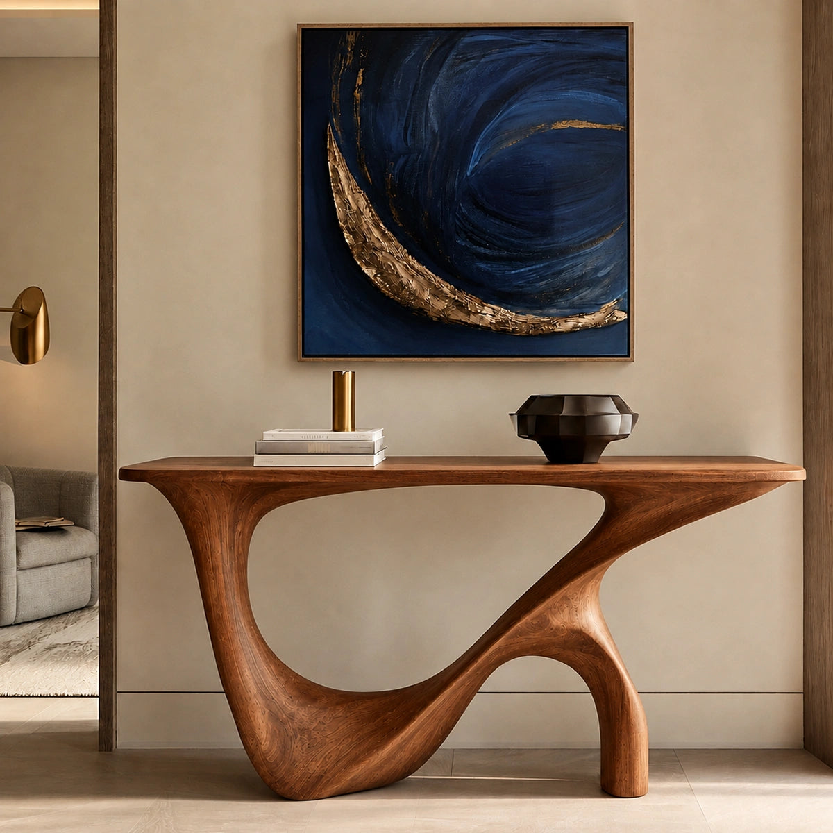Console Table with Sculptural Wave Base in Natural Solid Wood Design - Woodenecho - 1