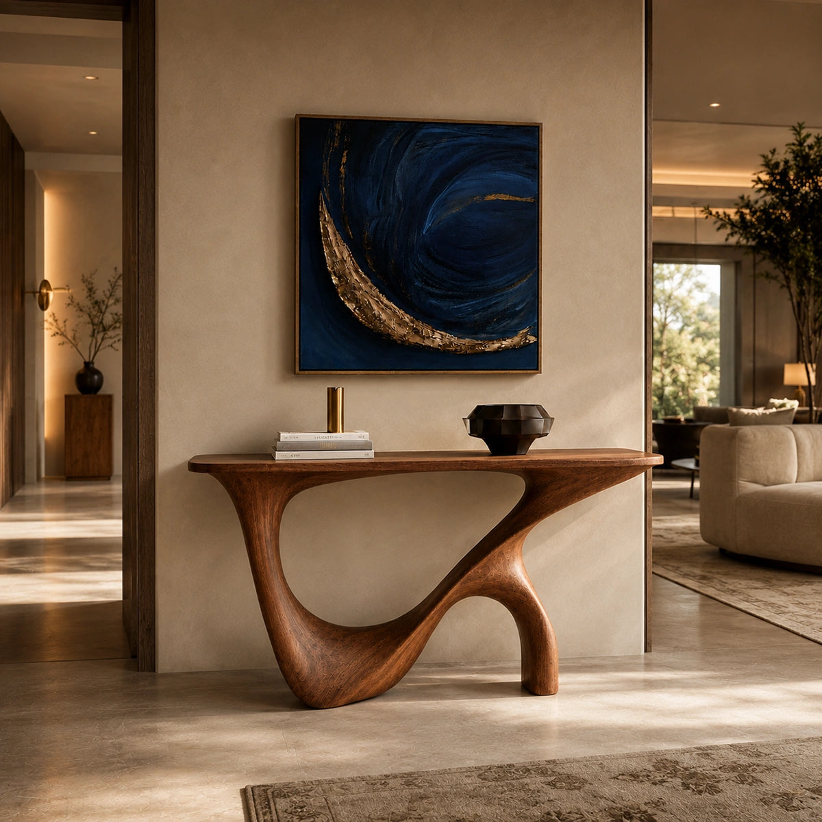Console Table with Sculptural Wave Base in Natural Solid Wood Design - Woodenecho - 2
