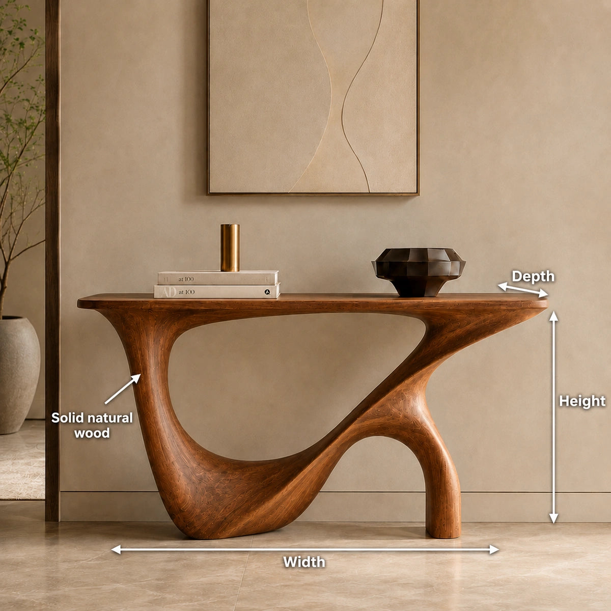 Console Table with Sculptural Wave Base in Natural Solid Wood Design - Woodenecho - 5