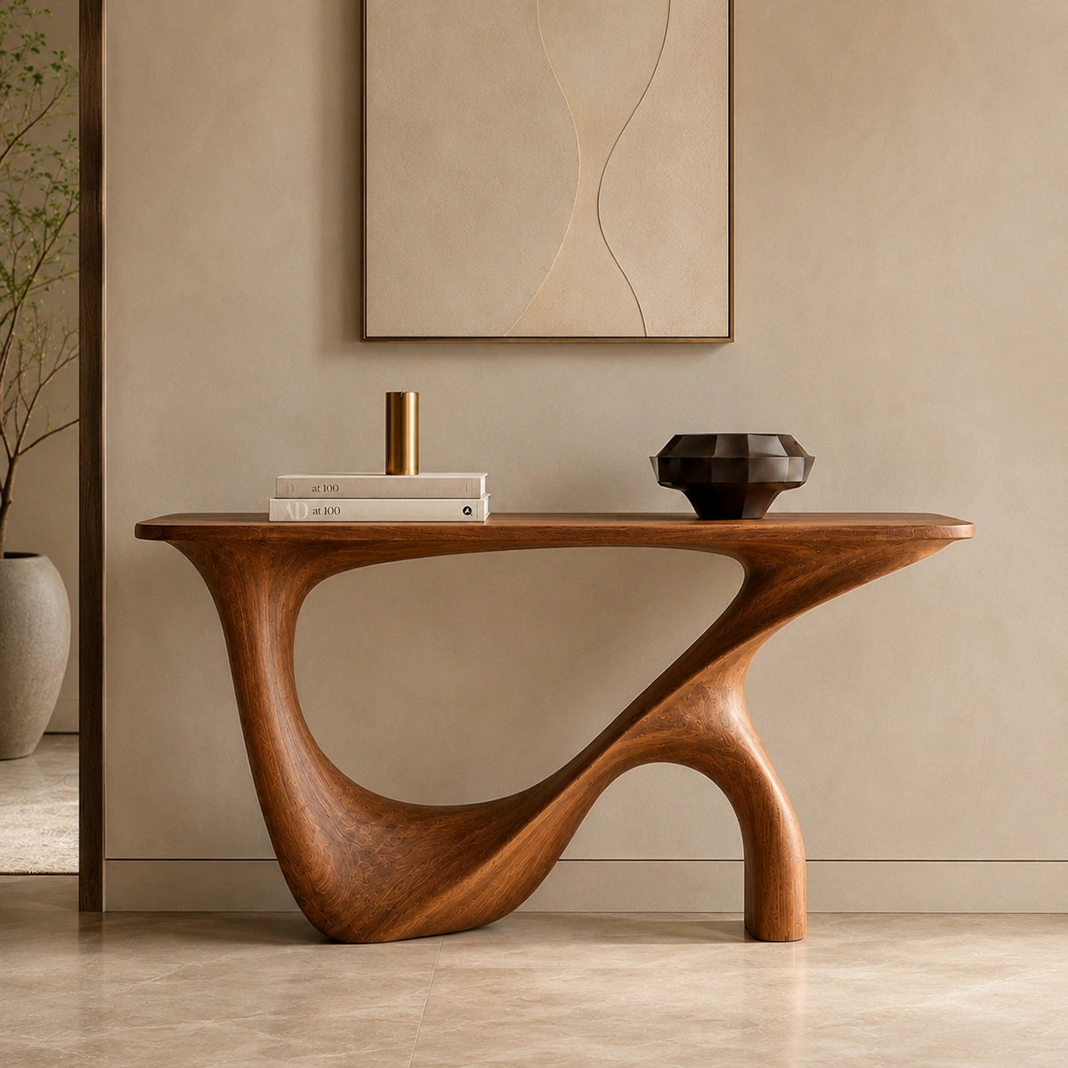 Console Table with Sculptural Wave Base in Natural Solid Wood Design - Woodenecho - 6