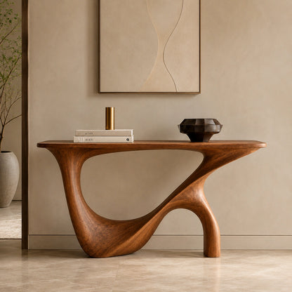 Console Table with Sculptural Wave Base in Natural Solid Wood Design - Woodenecho - 6