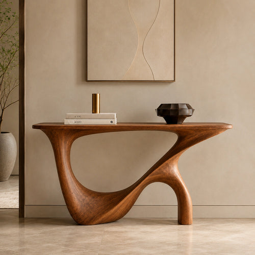 Console Table with Sculptural Wave Base in Natural Solid Wood Design - Woodenecho - 6