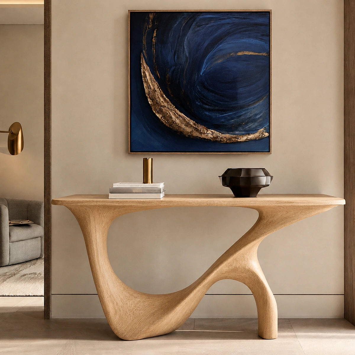 Console Table with Sculptural Wave Base in Natural Solid Wood Design - Woodenecho - 8