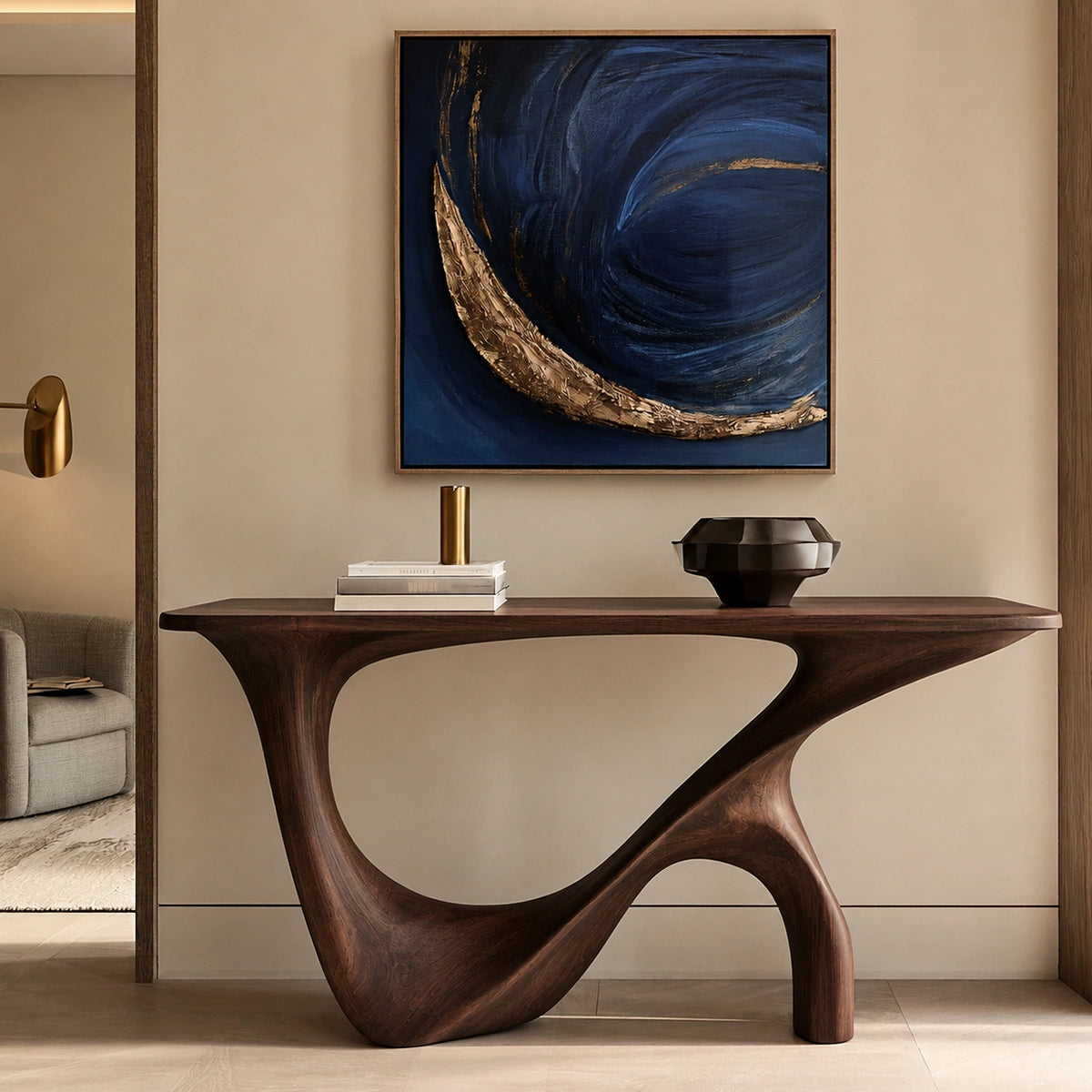 Console Table with Sculptural Wave Base in Natural Solid Wood Design - Woodenecho - 9