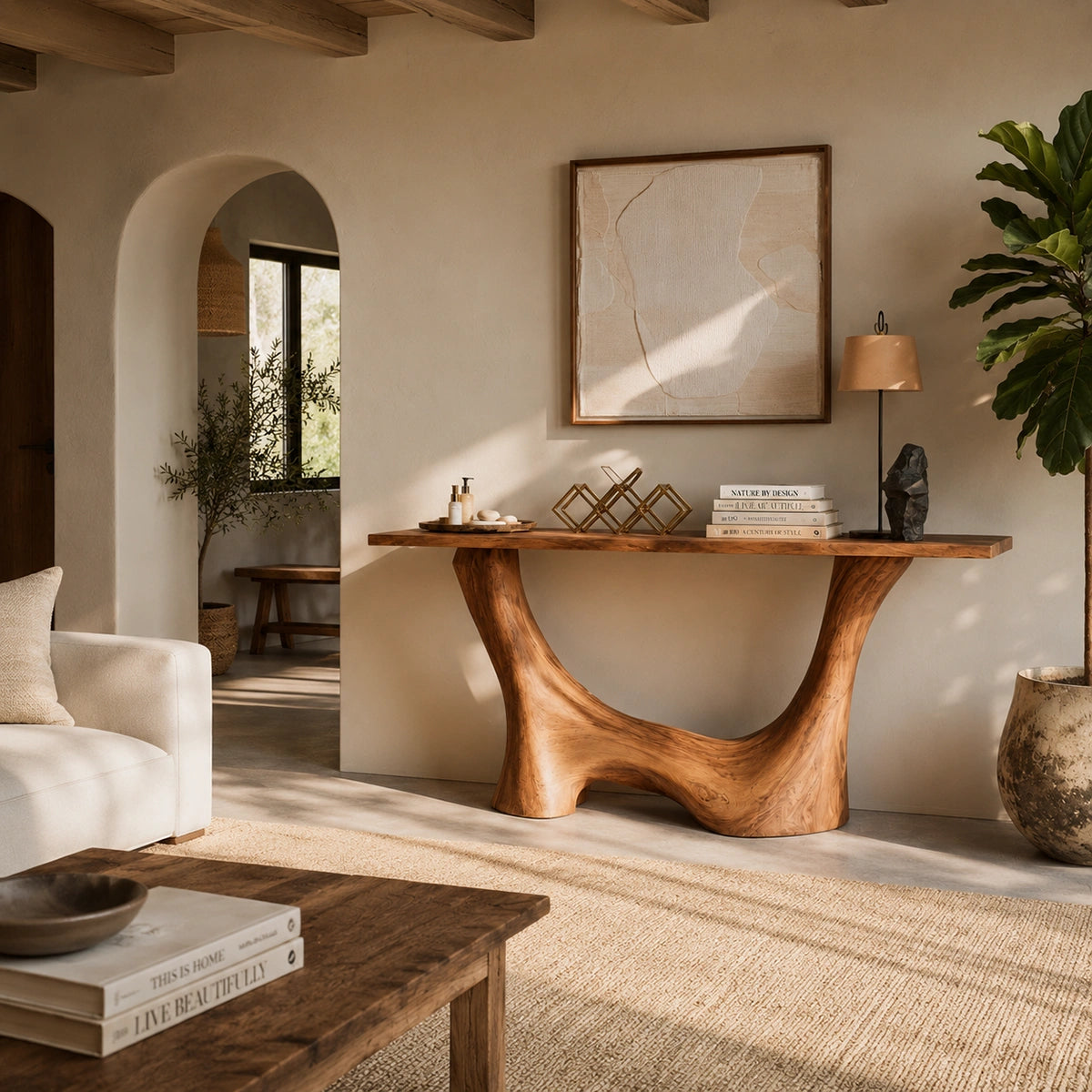 Console Table with Sculptural Wave Base in Natural Solid Wood for Entryways - Woodenecho - 1
