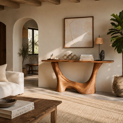Console Table with Sculptural Wave Base in Natural Solid Wood for Entryways - Woodenecho - 1