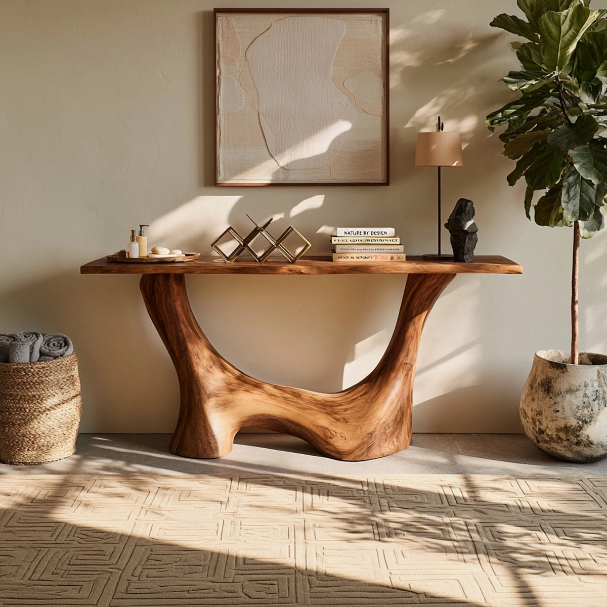 Console Table with Sculptural Wave Base in Natural Solid Wood for Entryways - Woodenecho - 2