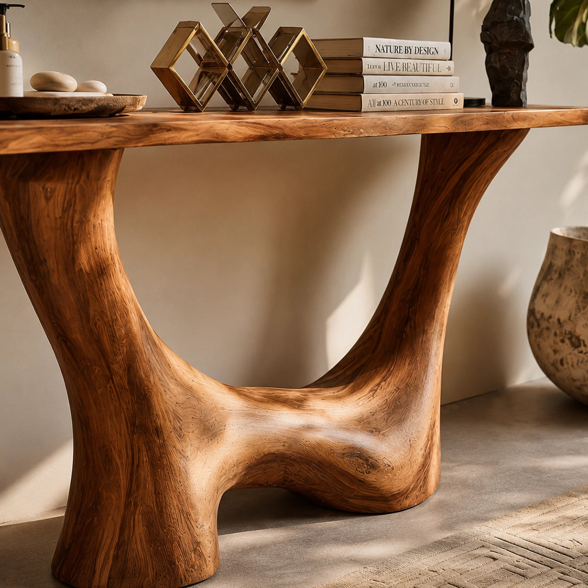 Console Table with Sculptural Wave Base in Natural Solid Wood for Entryways - Woodenecho - 3