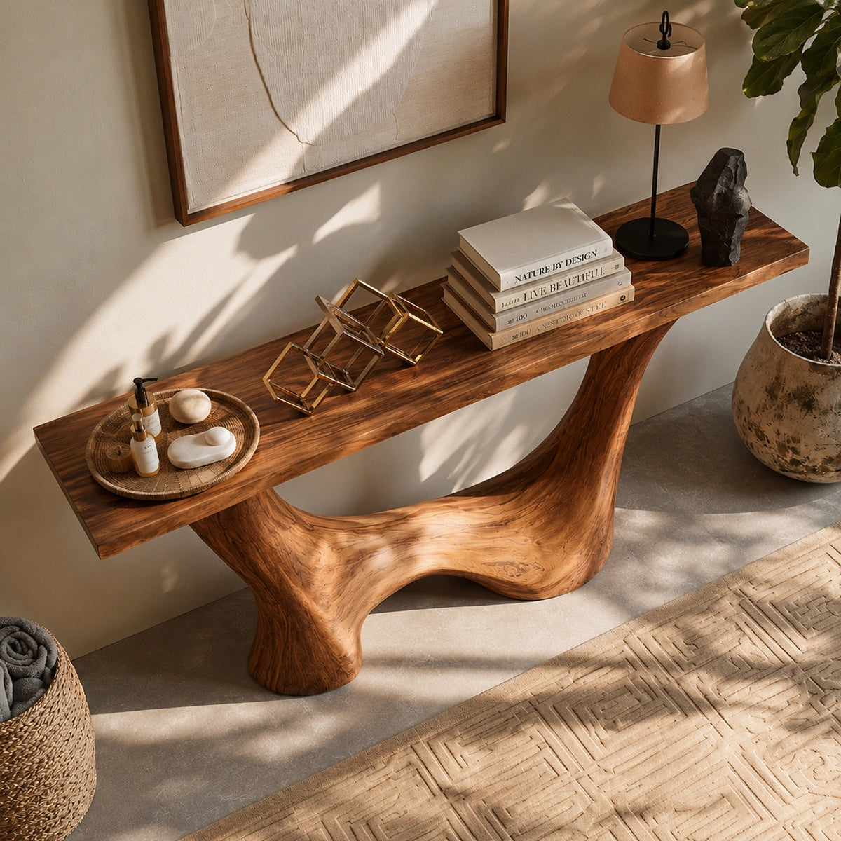 Console Table with Sculptural Wave Base in Natural Solid Wood for Entryways - Woodenecho - 4