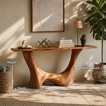 Console Table with Sculptural Wave Base in Natural Solid Wood for Entryways - Woodenecho - 5